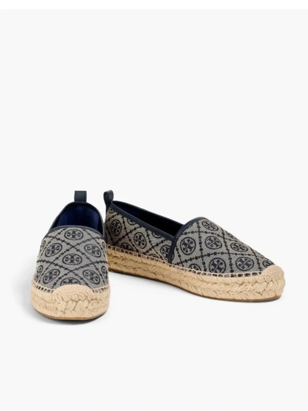 Tory Burch Navy and Cream Logo Canvas Espadrille Flats